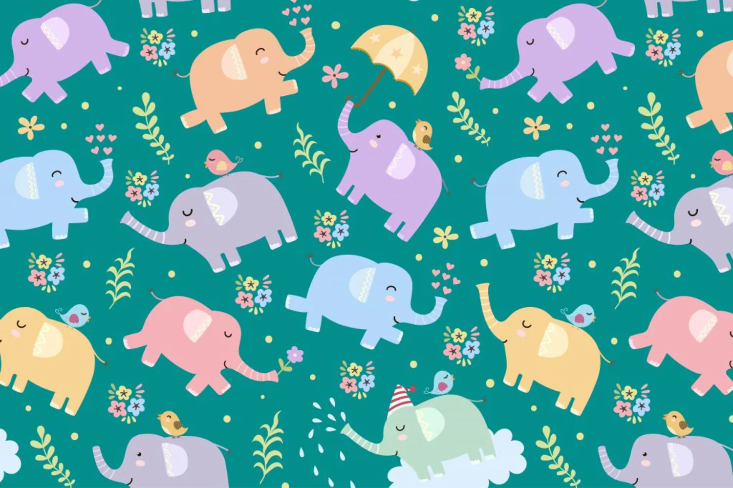 32 可爱卡通插画大象植物小鸟矢量无缝背景素材包 Elephants_seamless_patterns_clipart_985196