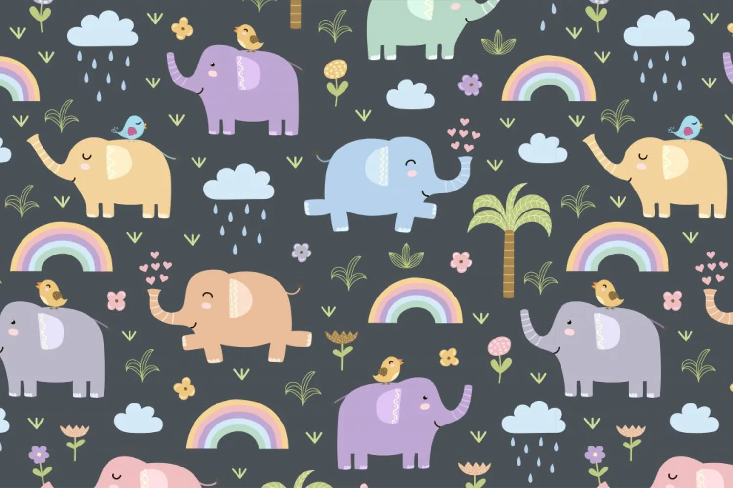 32 可爱卡通插画大象植物小鸟矢量无缝背景素材包 Elephants_seamless_patterns_clipart_985196