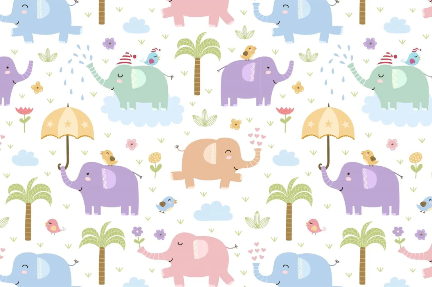 32 可爱卡通插画大象植物小鸟矢量无缝背景素材包 Elephants_seamless_patterns_clipart_985196