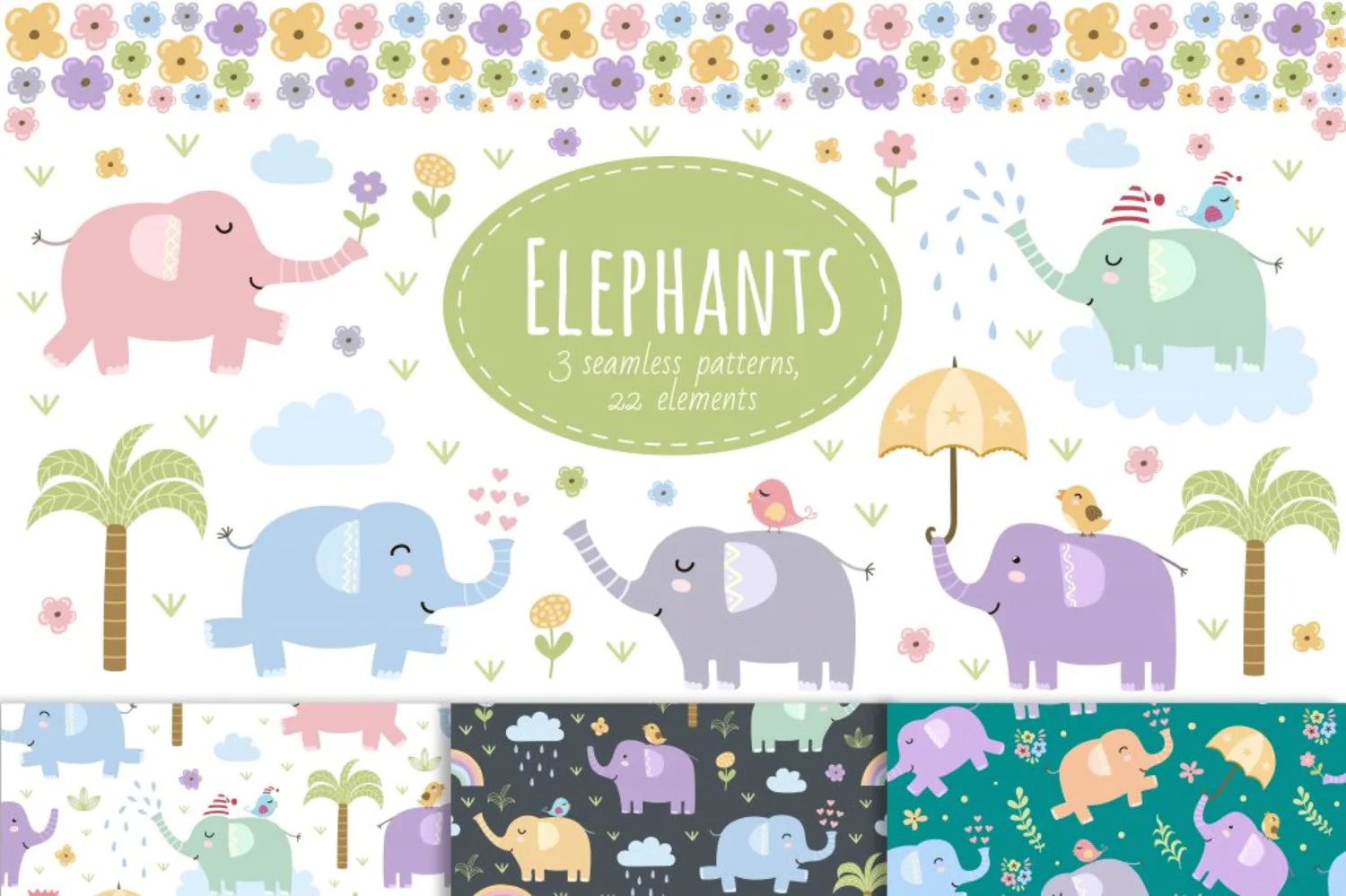 32 可爱卡通插画大象植物小鸟矢量无缝背景素材包 Elephants_seamless_patterns_clipart_985196